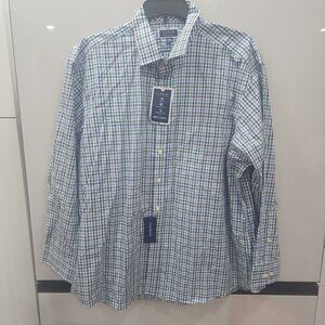 Club Room Mens Regular Fit Blue & Green Checkered Button-Down Shirt Neck 18.5 Sl